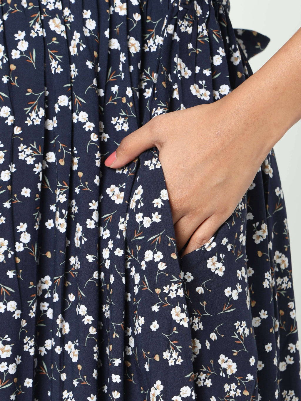 Manet Frill Slevees Maternity Dress Floral Print With Concealed Zipper Nursing Access - Navy