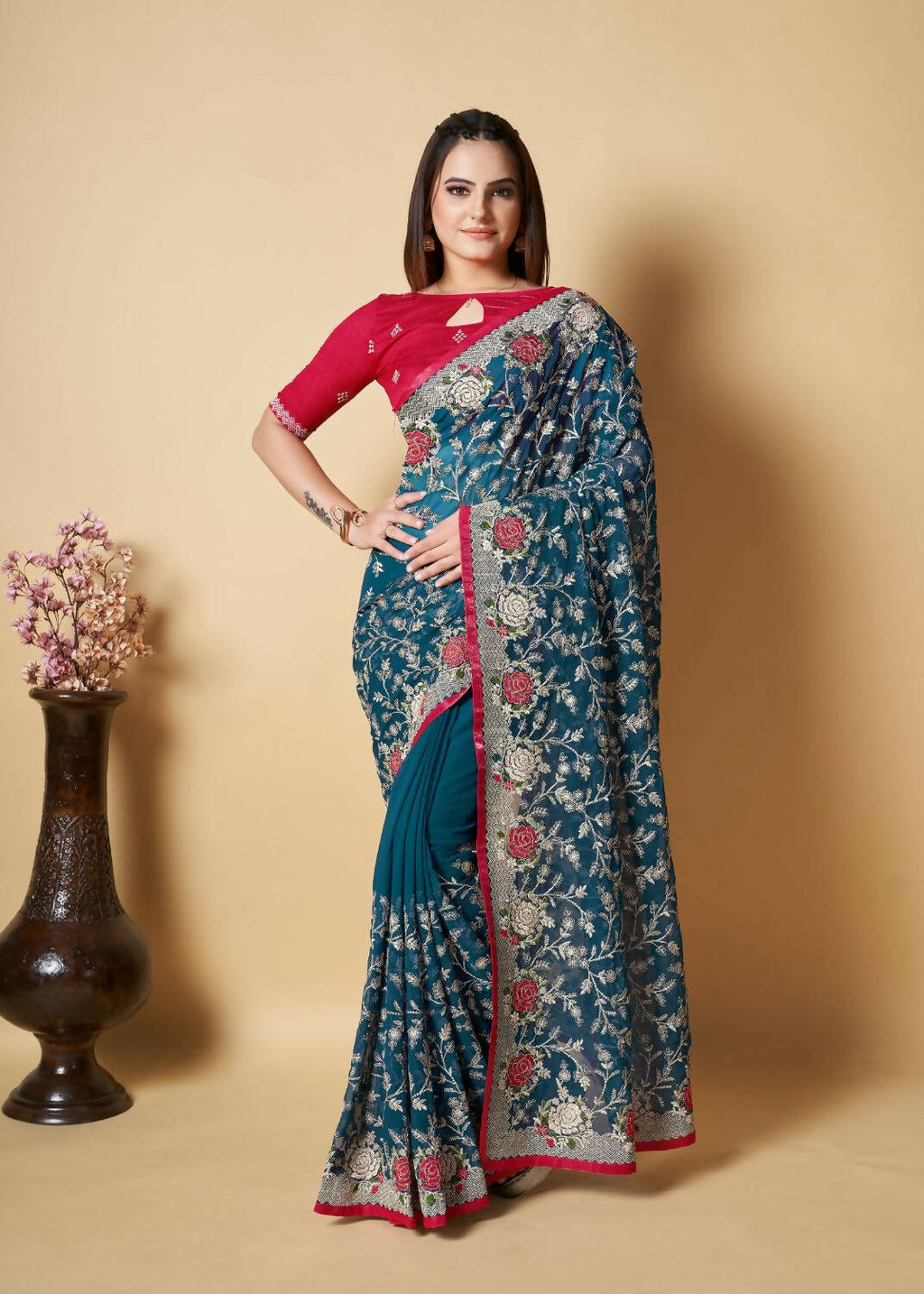 Vamsee Teal Organza Saree