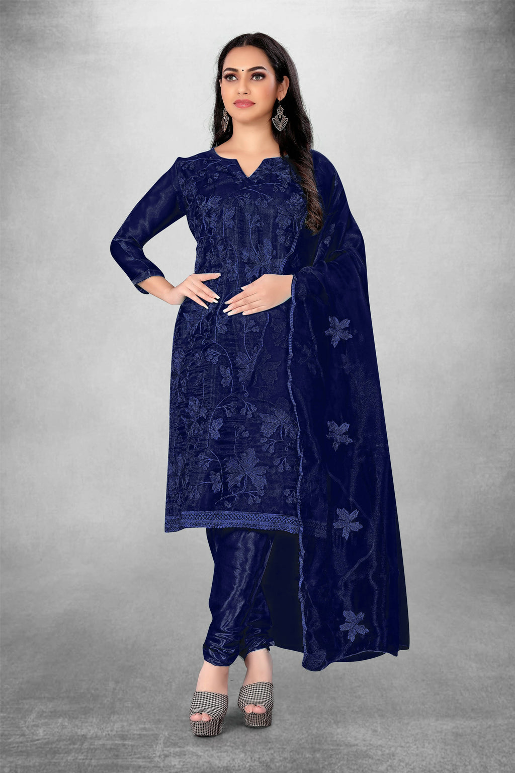 Navy Blue Heavy Organza Silk Embroidered Unstitched Dress Material - Amara