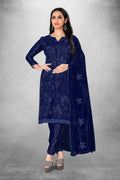 Navy Blue Heavy Organza Silk Embroidered Unstitched Dress Material - Amara
