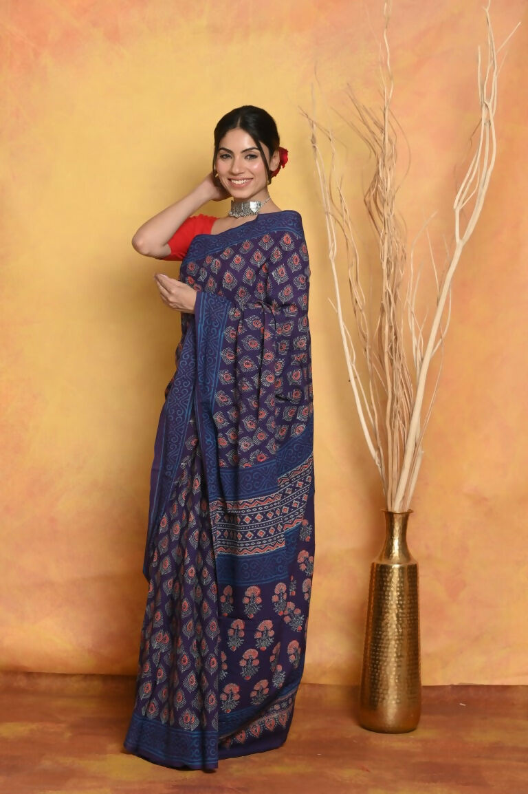 Very Much Indian Handblock Printed Cotton Saree With Natural Dyes - Blue