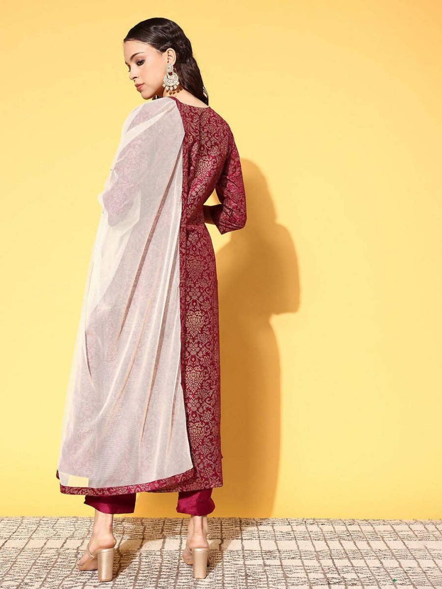 Ahalyaa Women's Wine Colour Poly Silk Gold Paste Printed Kurta Pant Set