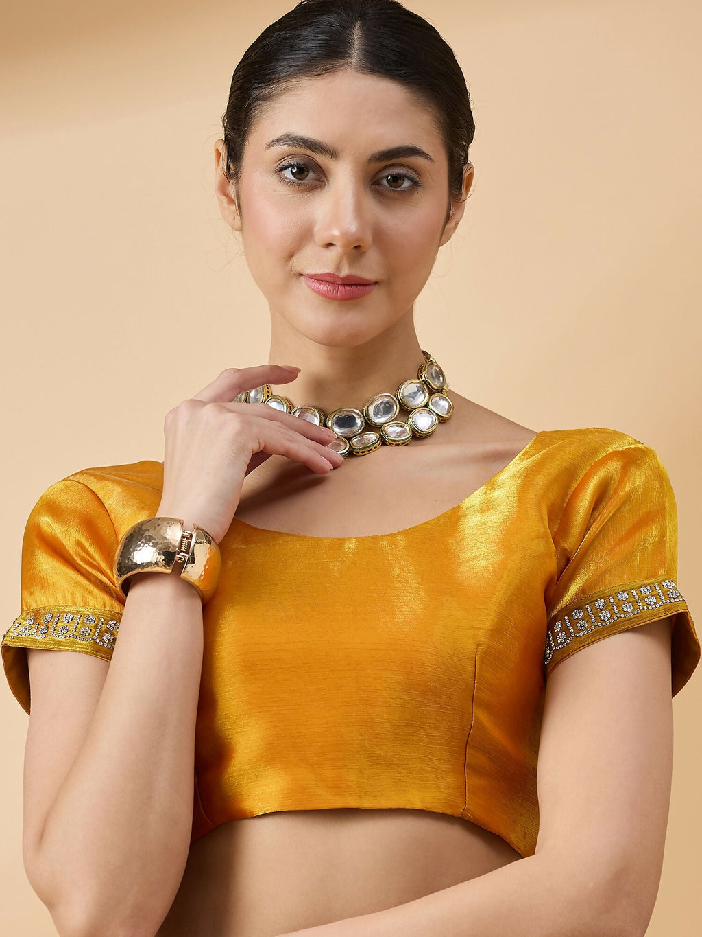 Mustard Organza Swaroski Diamond Work Saree with Unstitched Blouse - Radha