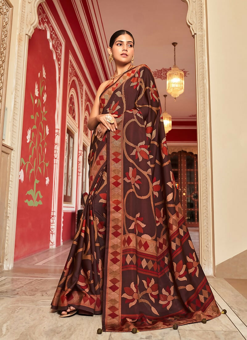 Monjolika Fashion Silk Blend Brown Printed Saree