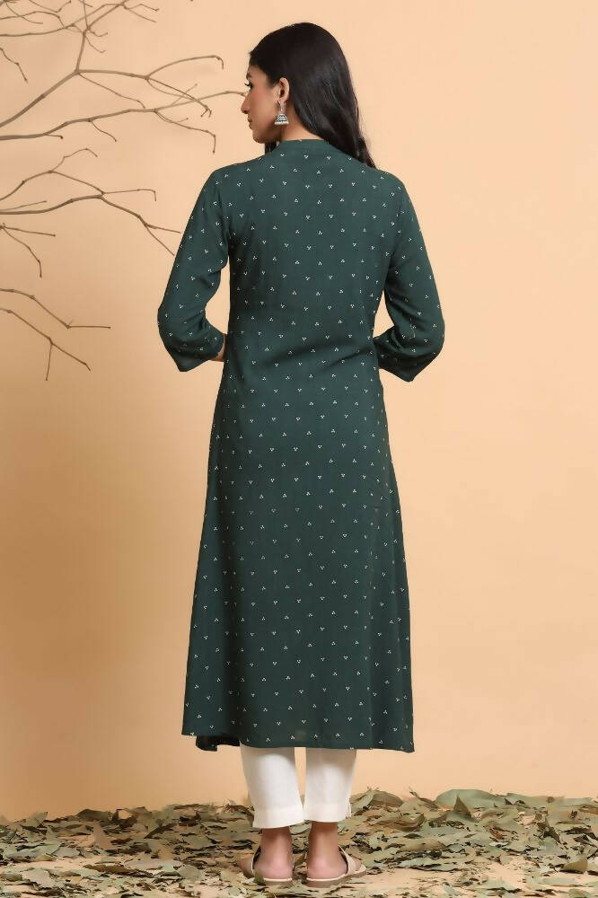 Juniper Women Jade Green Rayon Slub Bandhani Printed A-Line Kurta