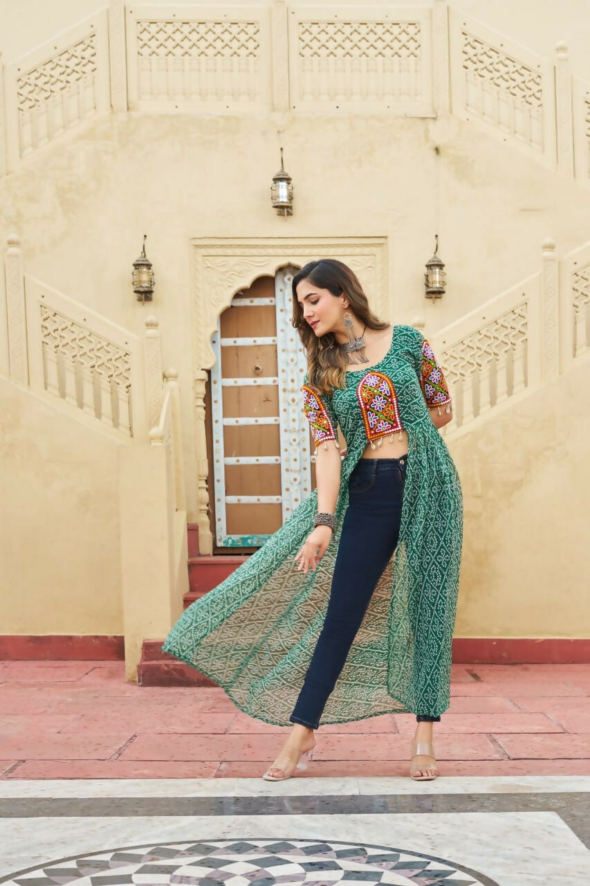Vastranavya Green Navratri Special Kutchi Patch Work with Bandhani Printed Faux Georgette Kurti