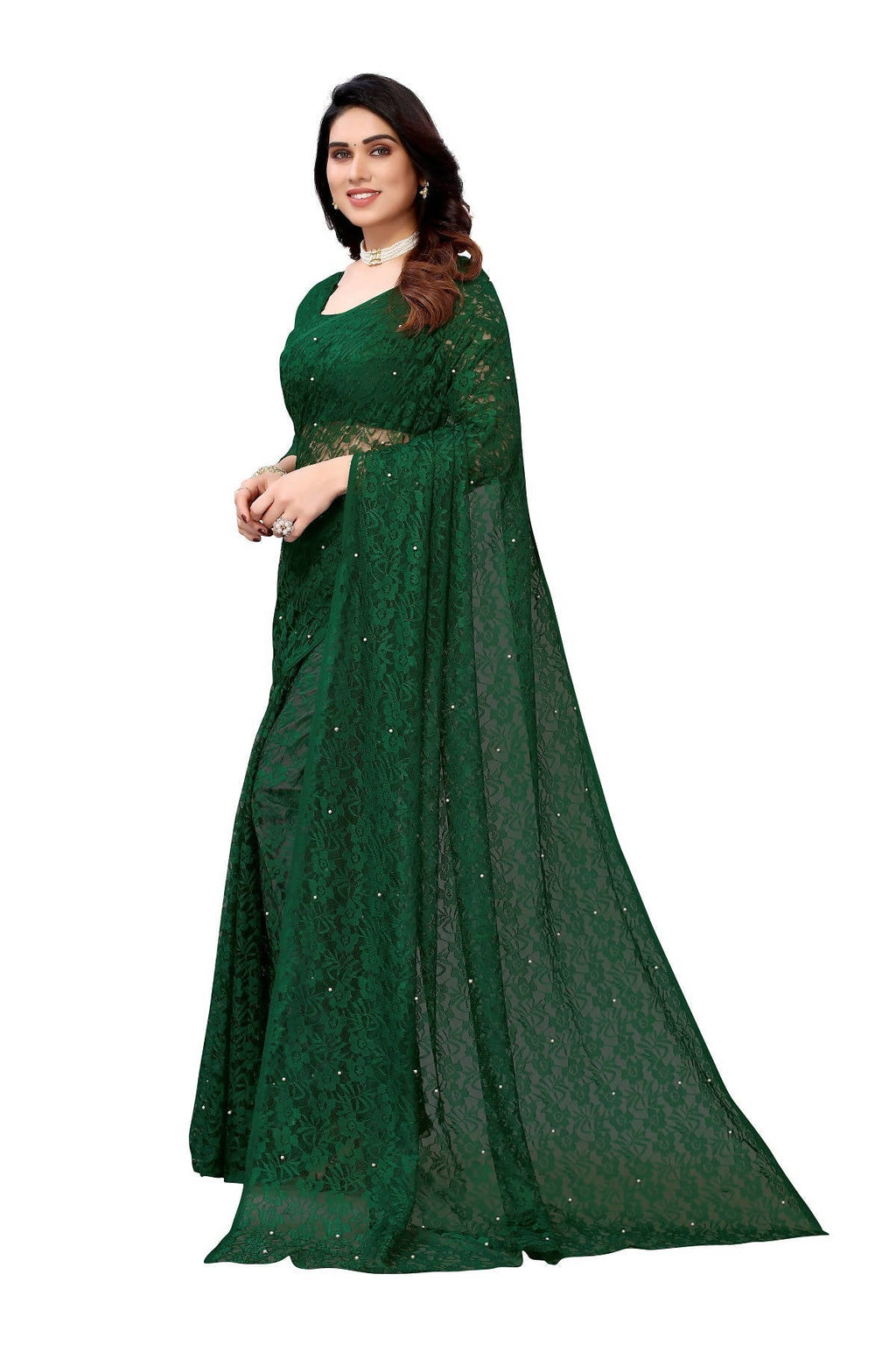 Vamika Ethnic Fire Green Pearls Net Saree