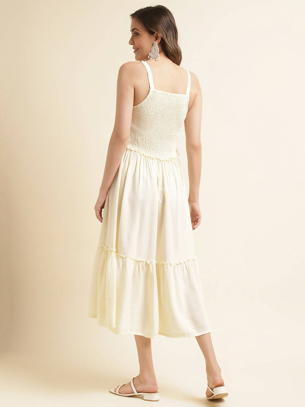 White Cotton Solid Flared Dress with Printed Shrug - Yukti