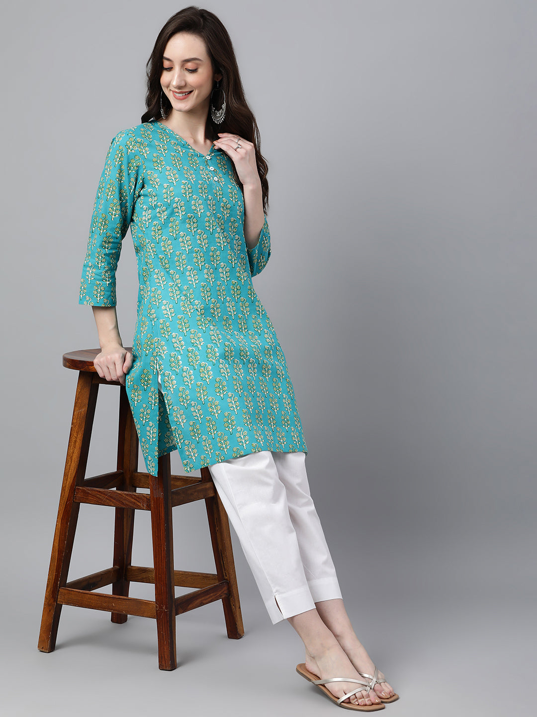 Janasya Women's Turquoise Blue Cotton Block Print Straight Tunic