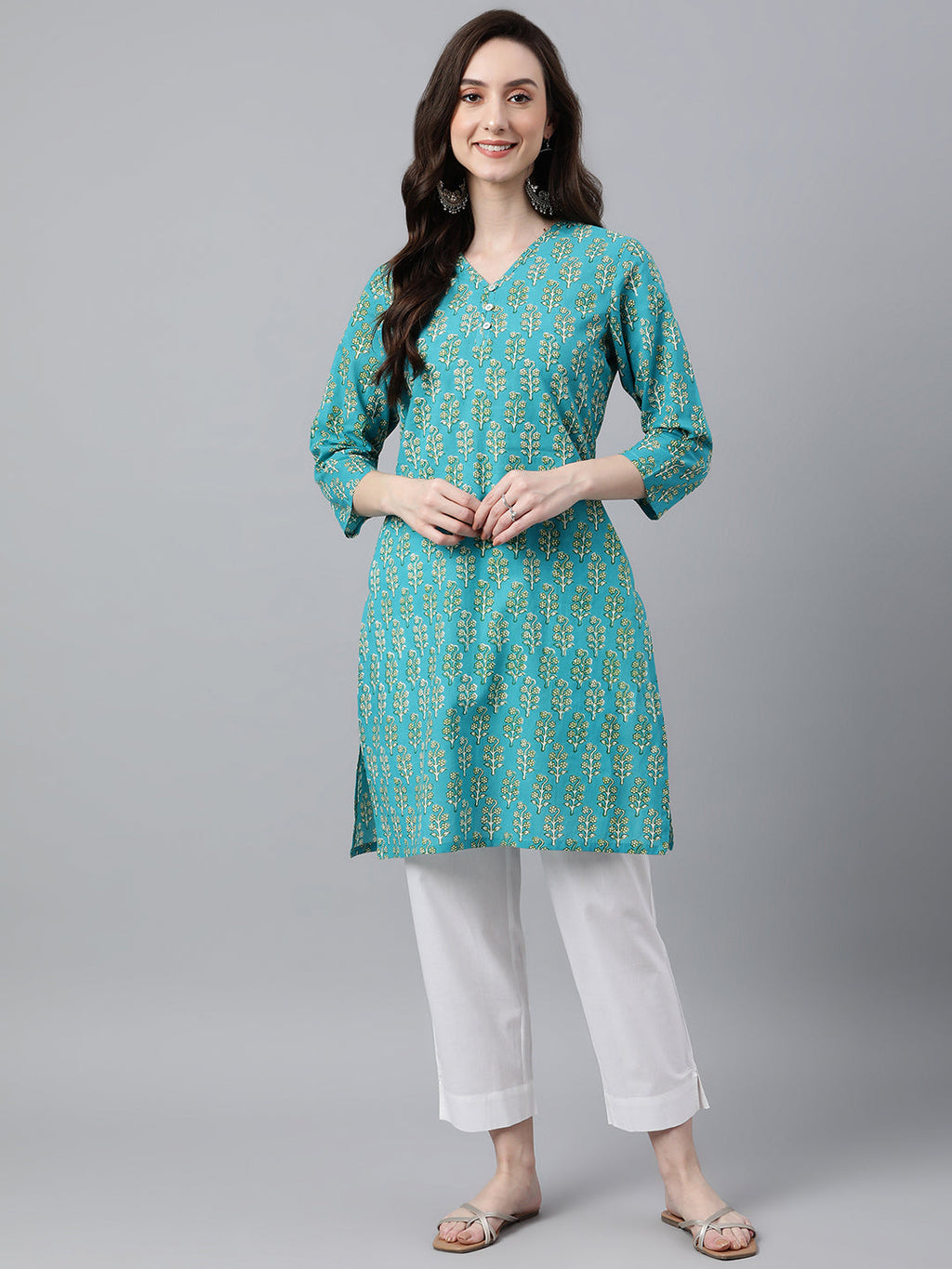 Janasya Women's Turquoise Blue Cotton Block Print Straight Tunic