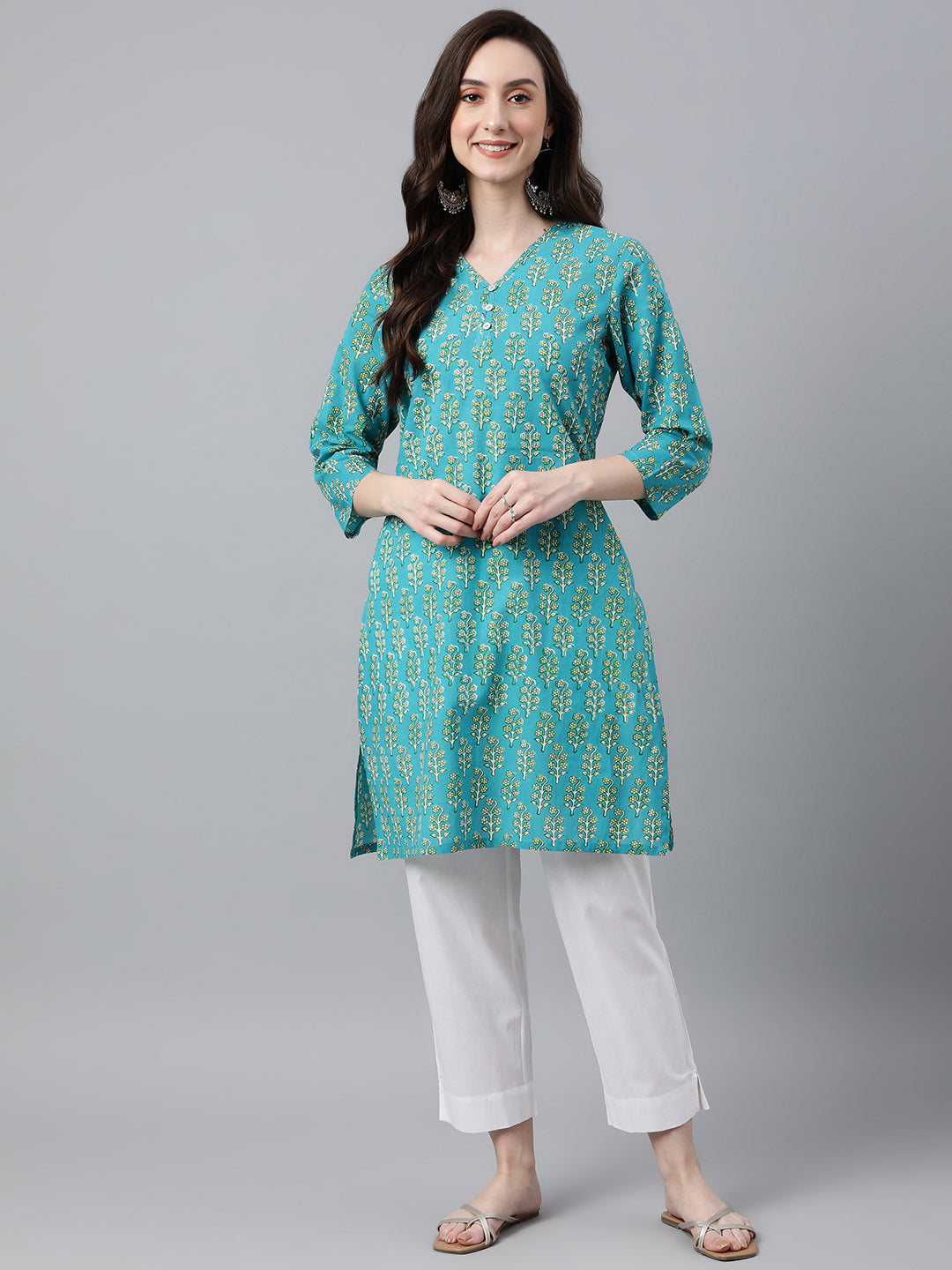 Janasya Women's Turquoise Blue Cotton Block Print Straight Tunic