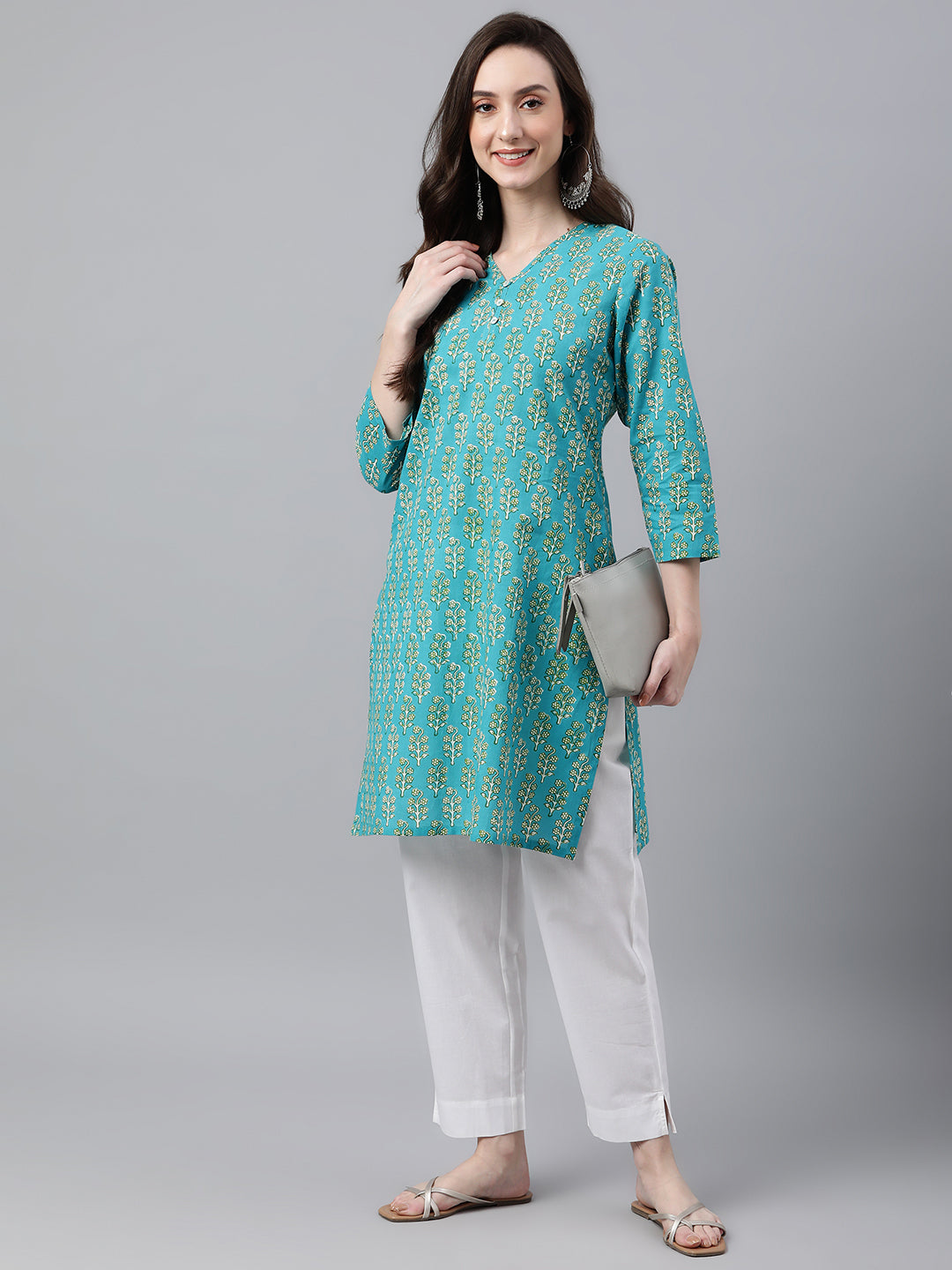 Janasya Women's Turquoise Blue Cotton Block Print Straight Tunic