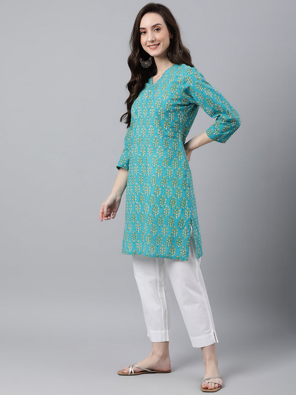 Janasya Women's Turquoise Blue Cotton Block Print Straight Tunic