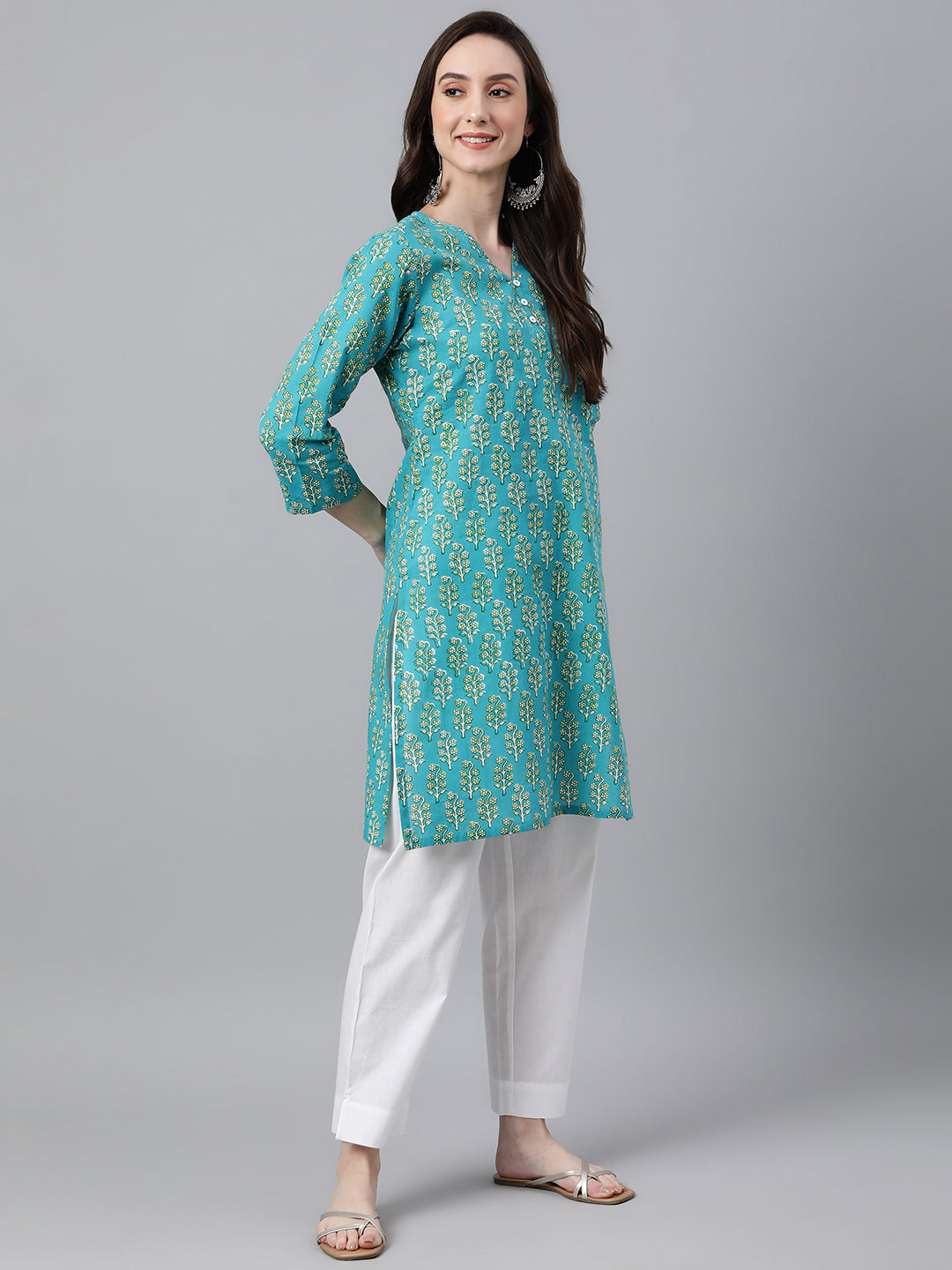 Janasya Women's Turquoise Blue Cotton Block Print Straight Tunic