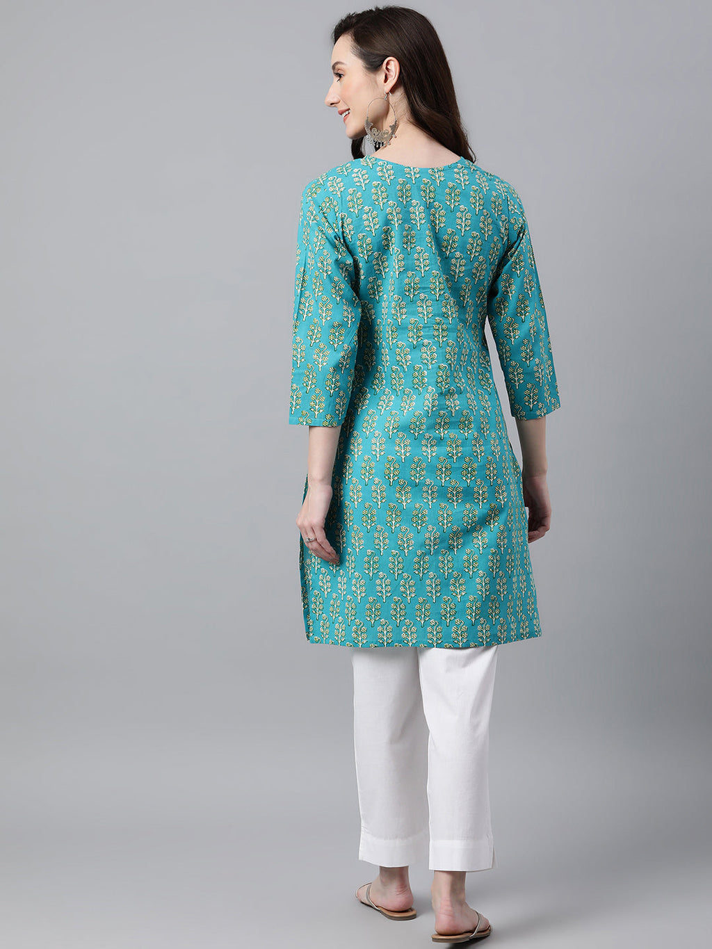 Janasya Women's Turquoise Blue Cotton Block Print Straight Tunic
