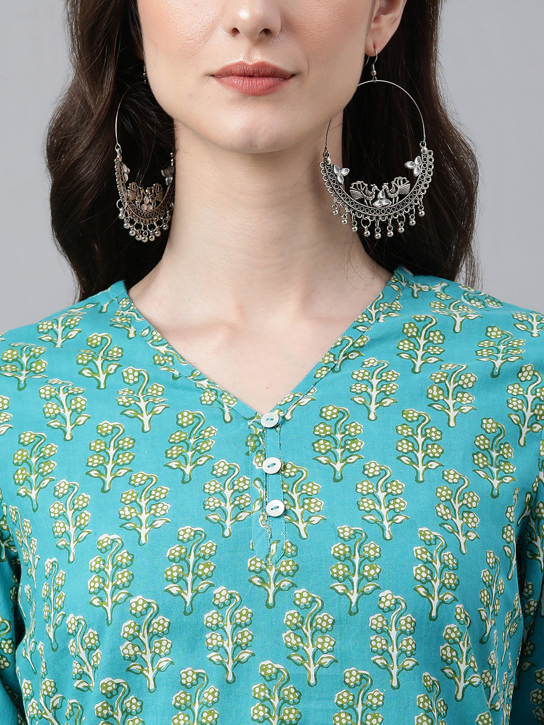 Janasya Women's Turquoise Blue Cotton Block Print Straight Tunic