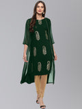 Janasya Women's Bottle Green Crepe Foil Print Festive A-Line Kurta