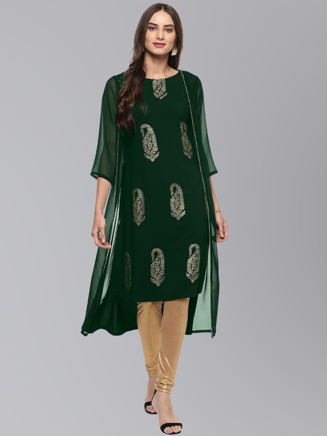 Janasya Women's Bottle Green Crepe Foil Print Festive A-Line Kurta