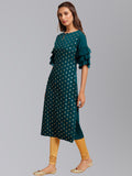 Janasya Women's Peacock Green Crepe Foil Print Festive Straight Kurta