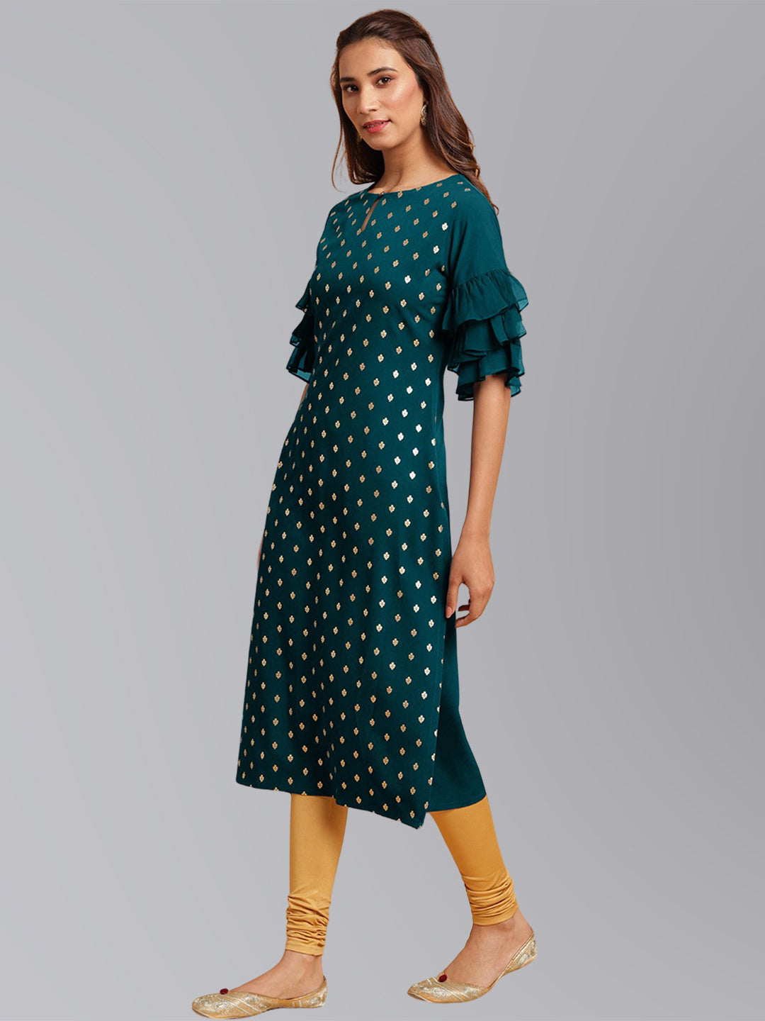 Janasya Women's Peacock Green Crepe Foil Print Festive Straight Kurta