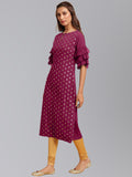Janasya Women's Magenta Crepe Foil Print Festive Straight Kurta