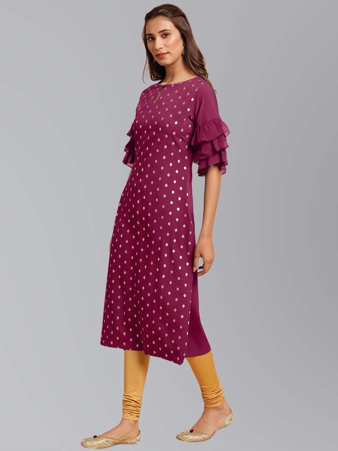Janasya Women's Magenta Crepe Foil Print Festive Straight Kurta