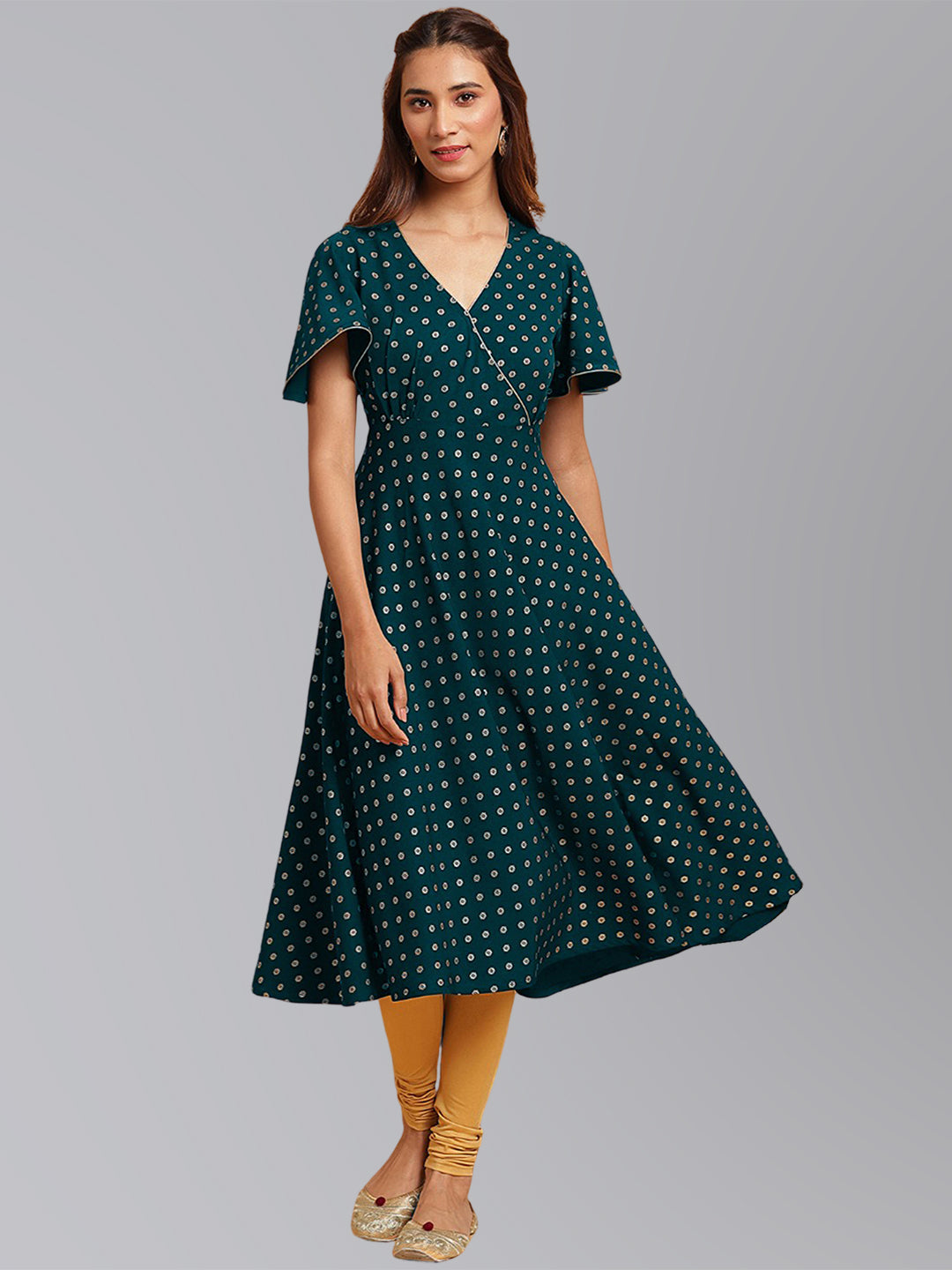 Janasya Women's Peacock Green Crepe Foil Print Festive Flared Kurta