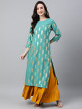 Janasya Women's Sea Green Crepe Floral Foil Print Casual Straight Kurta