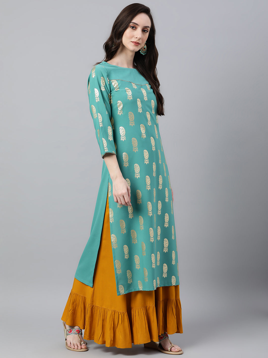 Janasya Women's Sea Green Crepe Floral Foil Print Casual Straight Kurta
