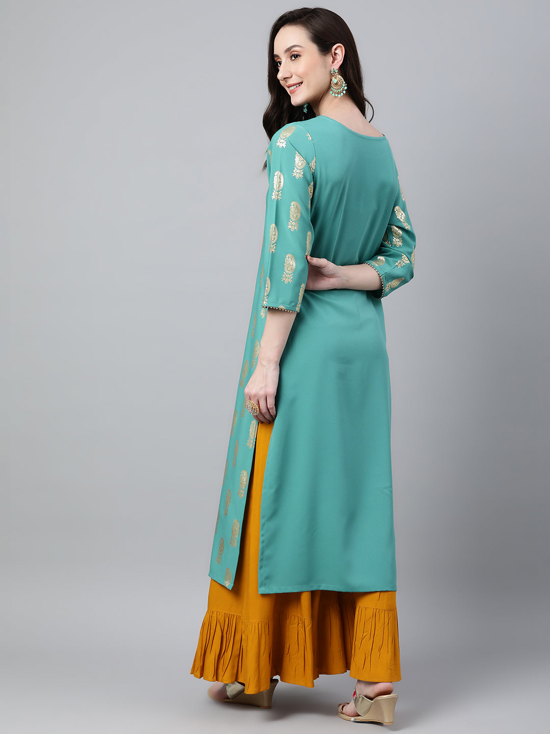 Janasya Women's Sea Green Crepe Floral Foil Print Casual Straight Kurta