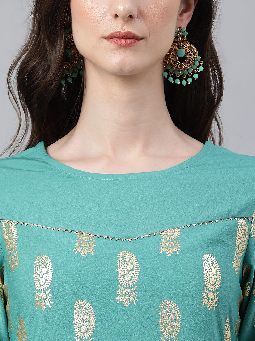Janasya Women's Sea Green Crepe Floral Foil Print Casual Straight Kurta