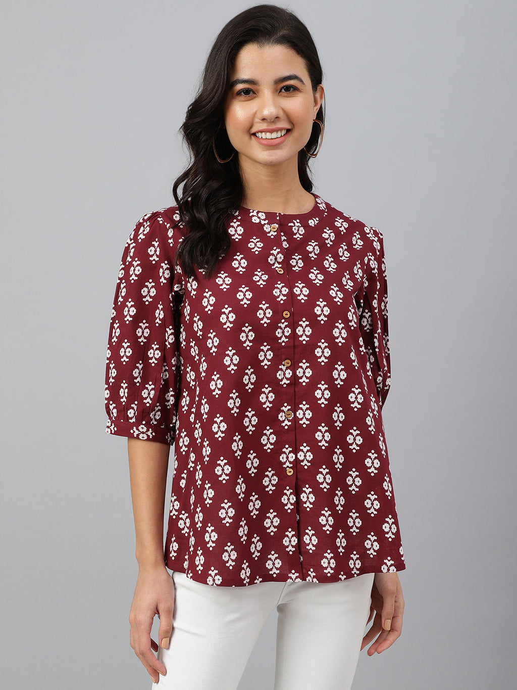 Janasya Women's Wine Cotton Ethnic Motifs A-line Top