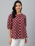 Janasya Women's Wine Cotton Ethnic Motifs A-line Top