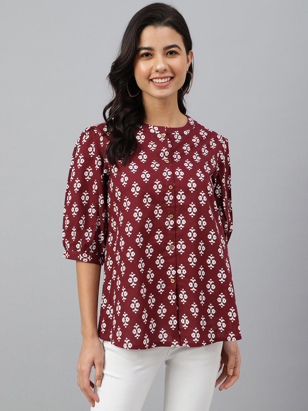 Janasya Women's Wine Cotton Ethnic Motifs A-line Top