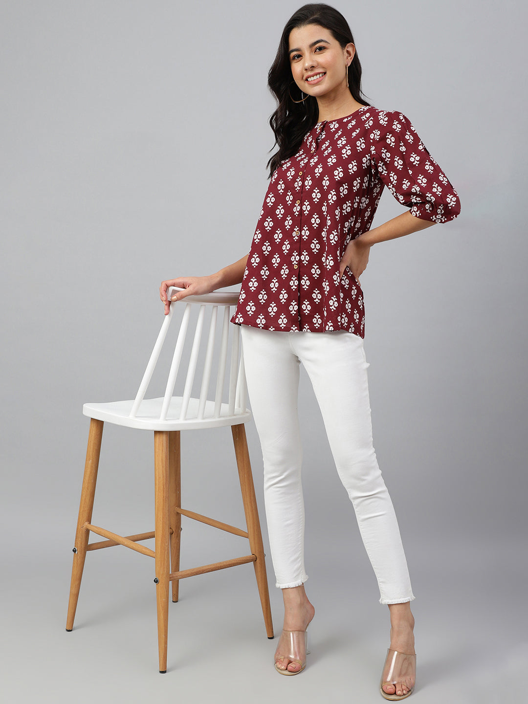 Janasya Women's Wine Cotton Ethnic Motifs A-line Top