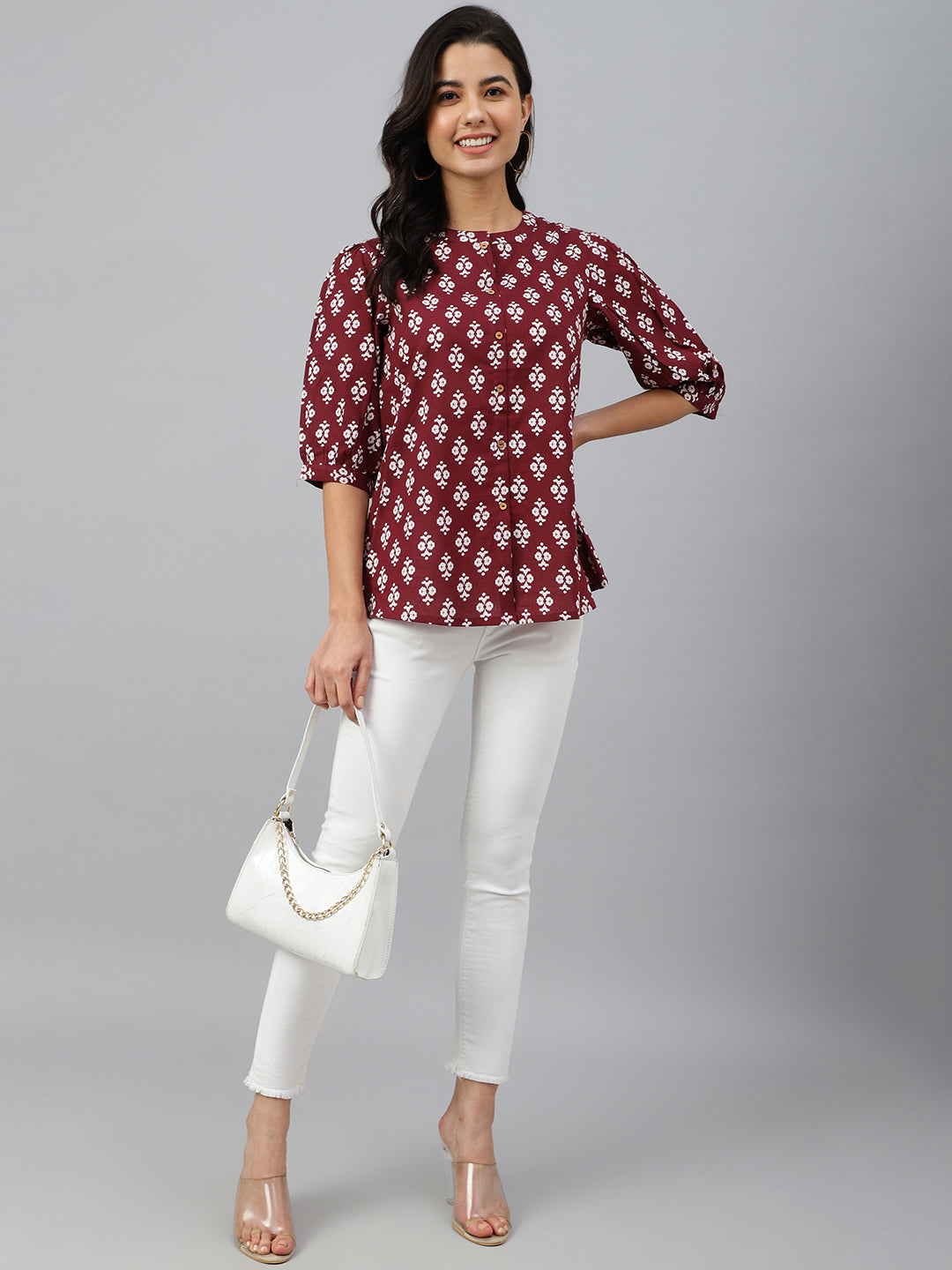 Janasya Women's Wine Cotton Ethnic Motifs A-line Top