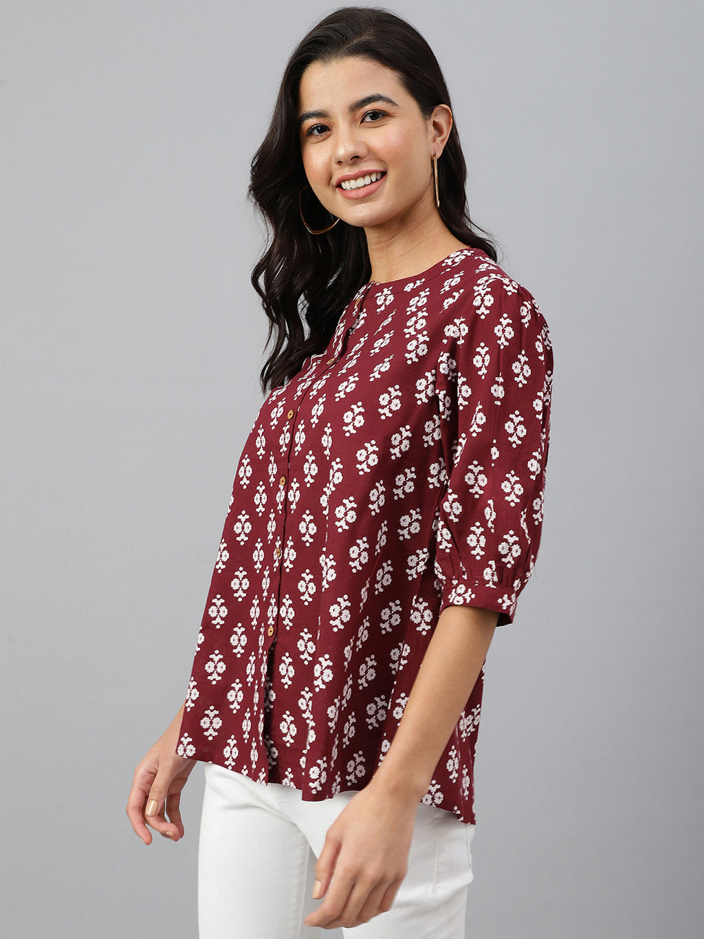 Janasya Women's Wine Cotton Ethnic Motifs A-line Top
