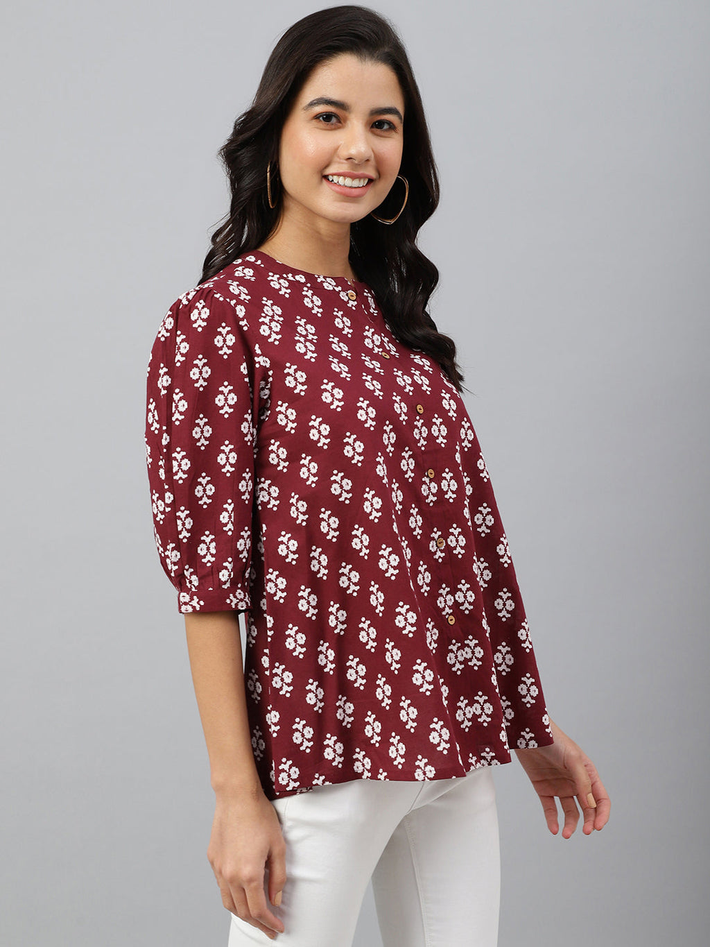 Janasya Women's Wine Cotton Ethnic Motifs A-line Top