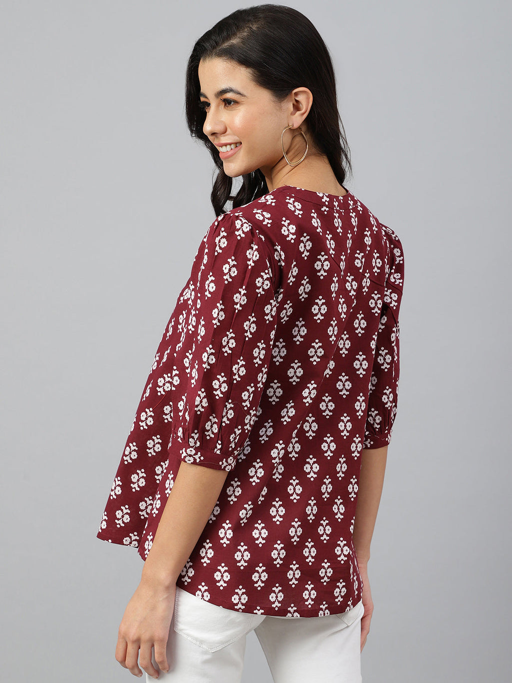 Janasya Women's Wine Cotton Ethnic Motifs A-line Top