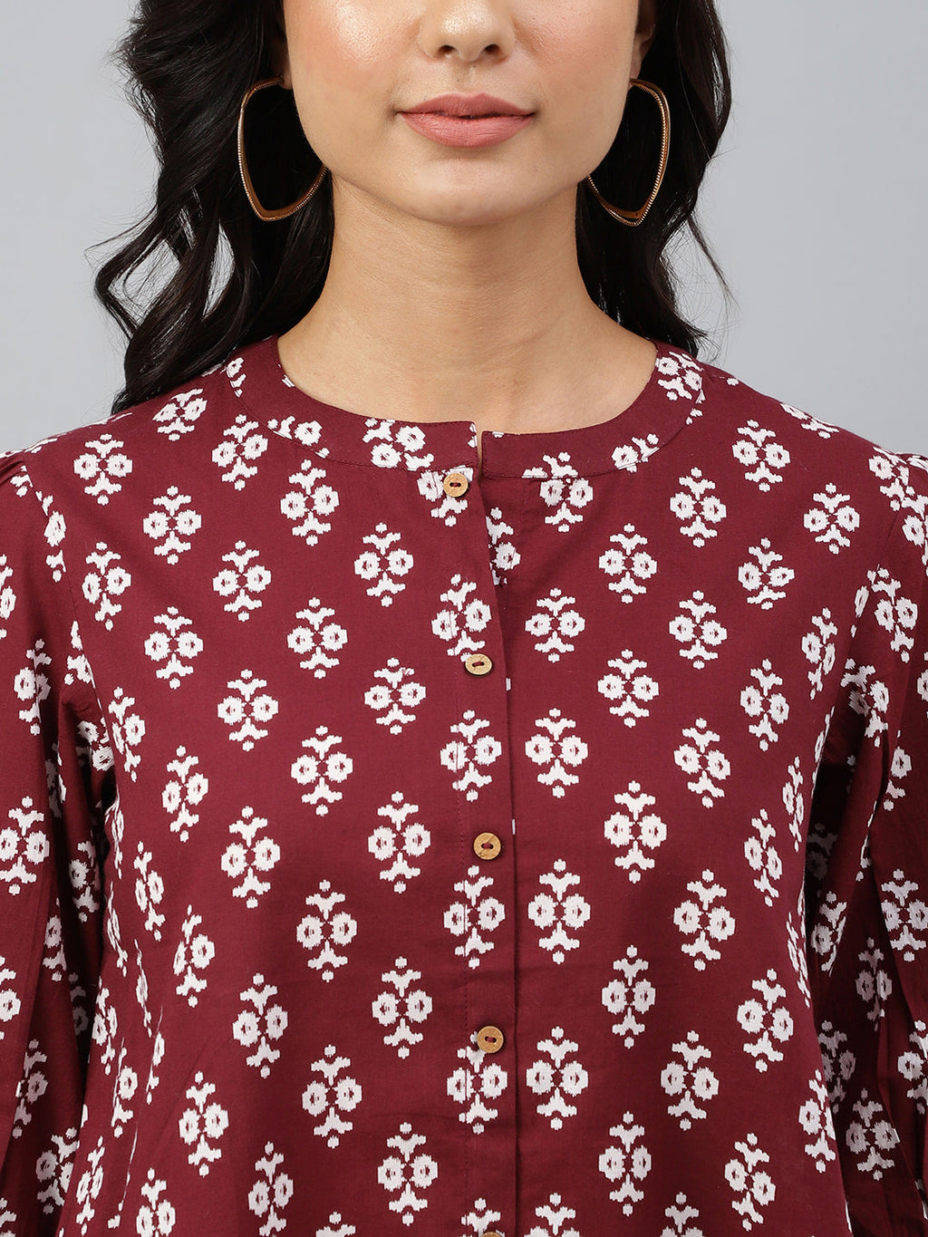 Janasya Women's Wine Cotton Ethnic Motifs A-line Top