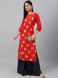 Indian Clothing Janasya Women's Red Crepe Floral Foil Print Casual Straight Kurta