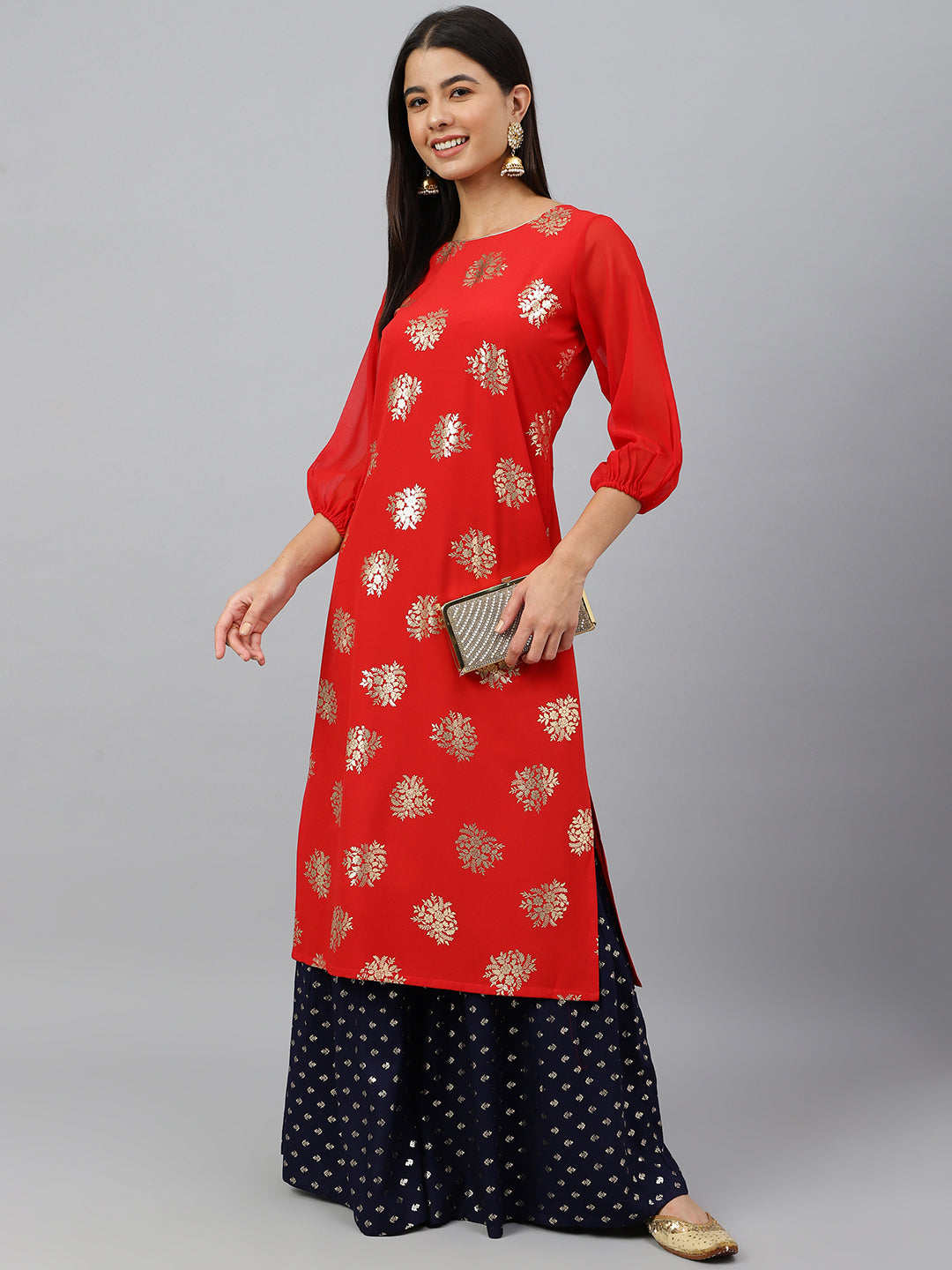 Indian Clothing Janasya Women's Red Crepe Floral Foil Print Casual Straight Kurta