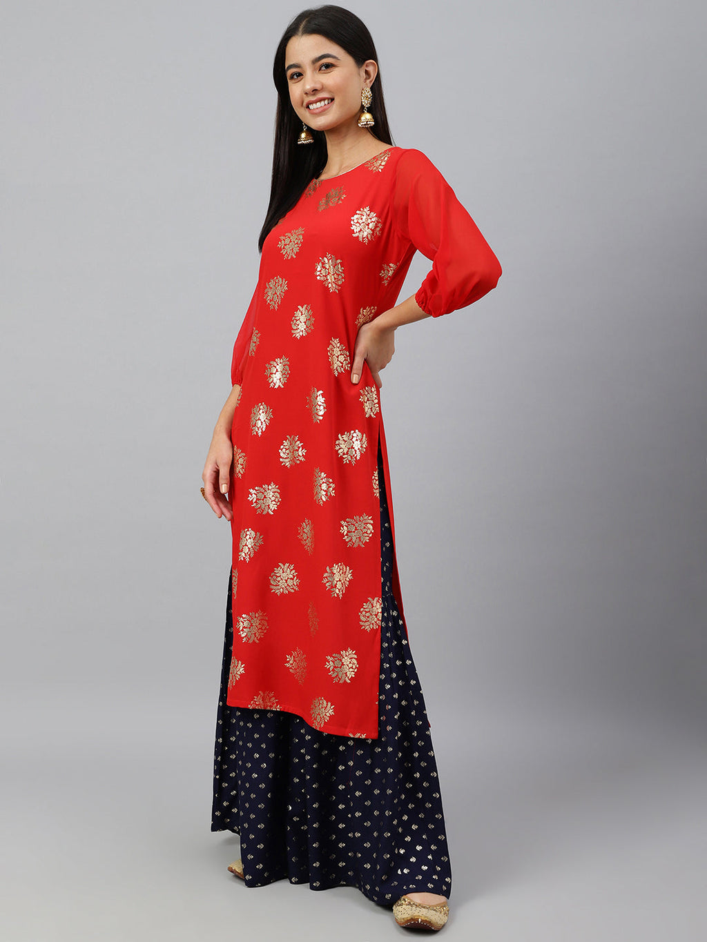 Indian Clothing Janasya Women's Red Crepe Floral Foil Print Casual Straight Kurta