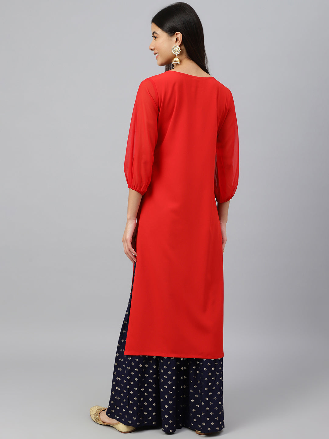 Indian Clothing Janasya Women's Red Crepe Floral Foil Print Casual Straight Kurta