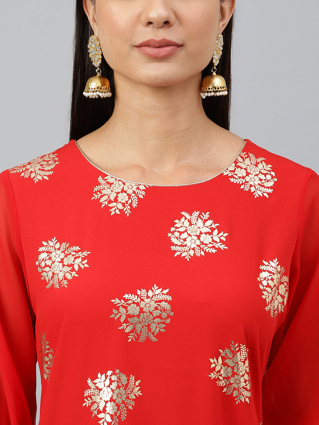 Indian Clothing Janasya Women's Red Crepe Floral Foil Print Casual Straight Kurta