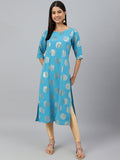 Janasya Women's Sky Blue Crepe Foil Print Casual Straight Kurta