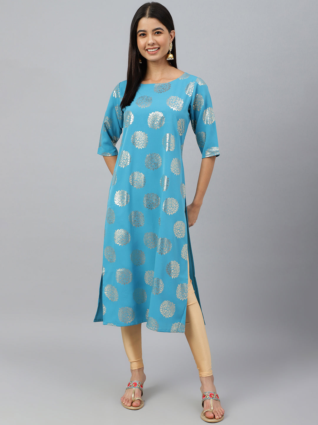 Janasya Women's Sky Blue Crepe Foil Print Casual Straight Kurta