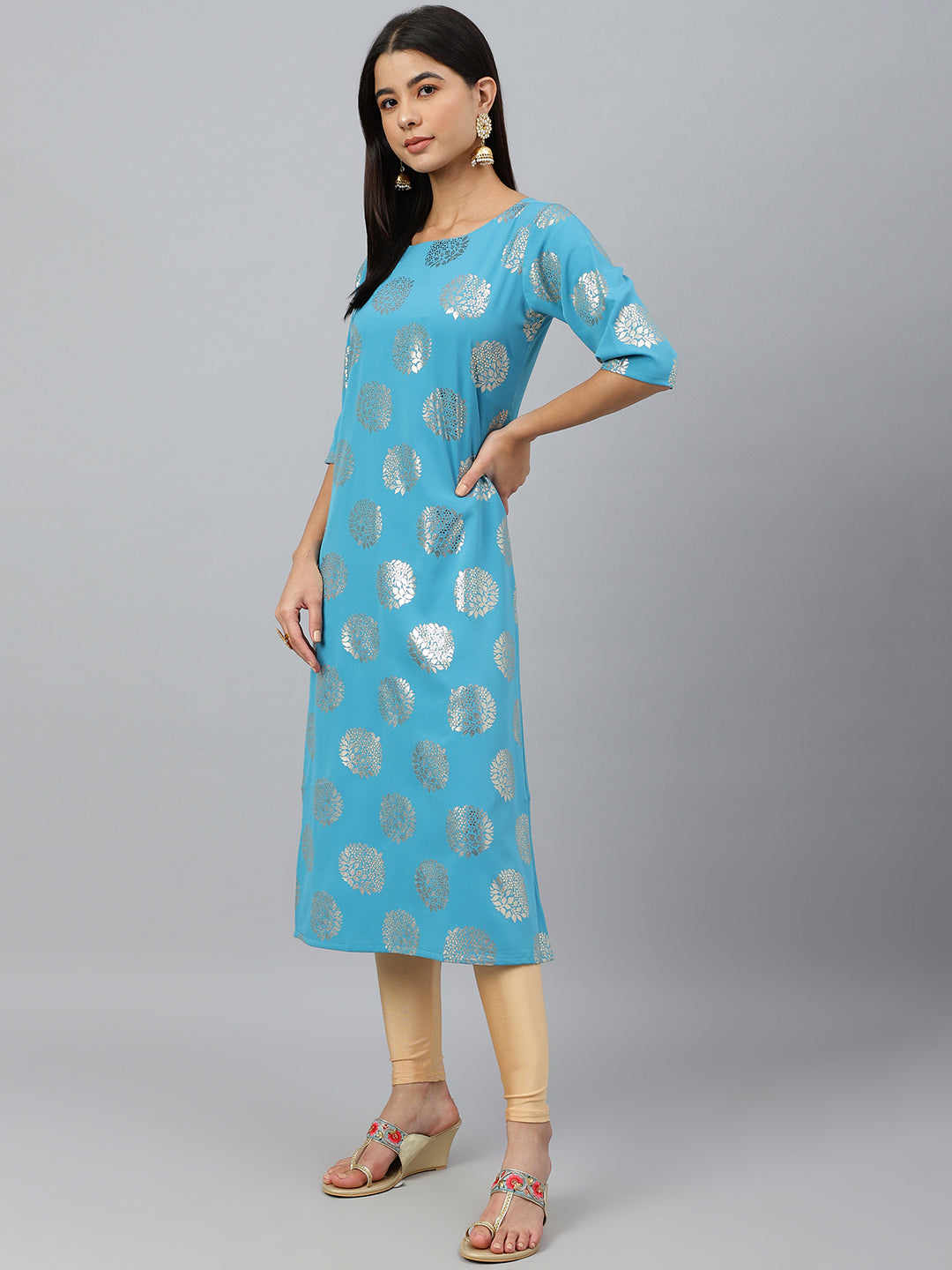 Janasya Women's Sky Blue Crepe Foil Print Casual Straight Kurta