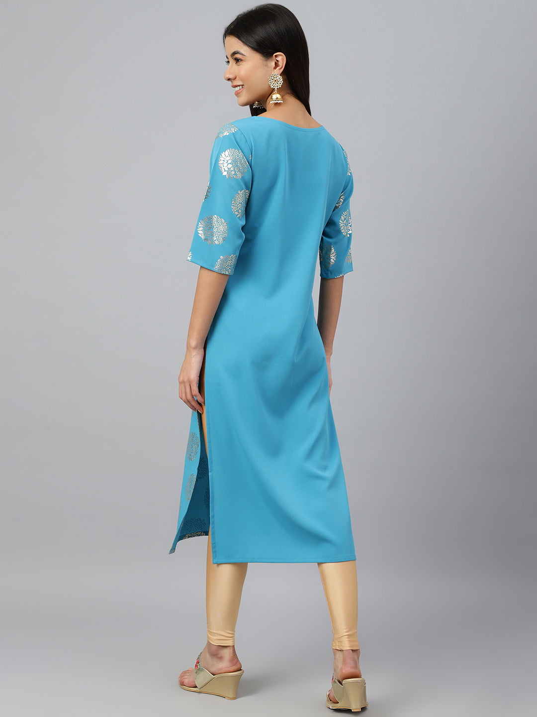 Janasya Women's Sky Blue Crepe Foil Print Casual Straight Kurta