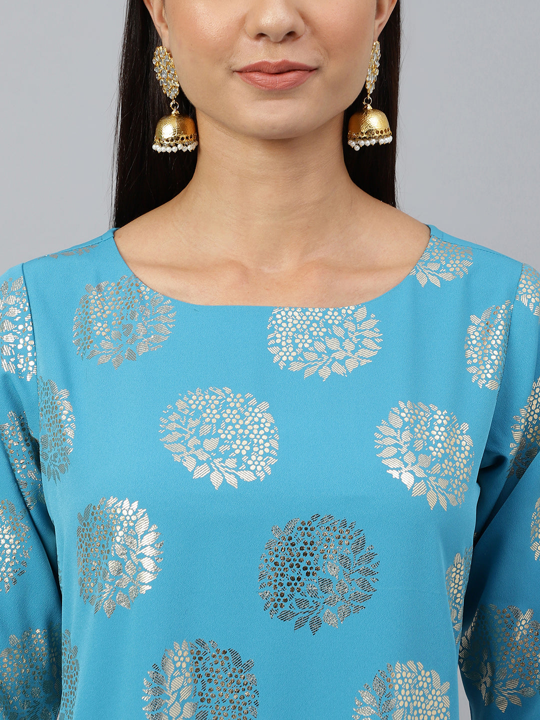 Janasya Women's Sky Blue Crepe Foil Print Casual Straight Kurta